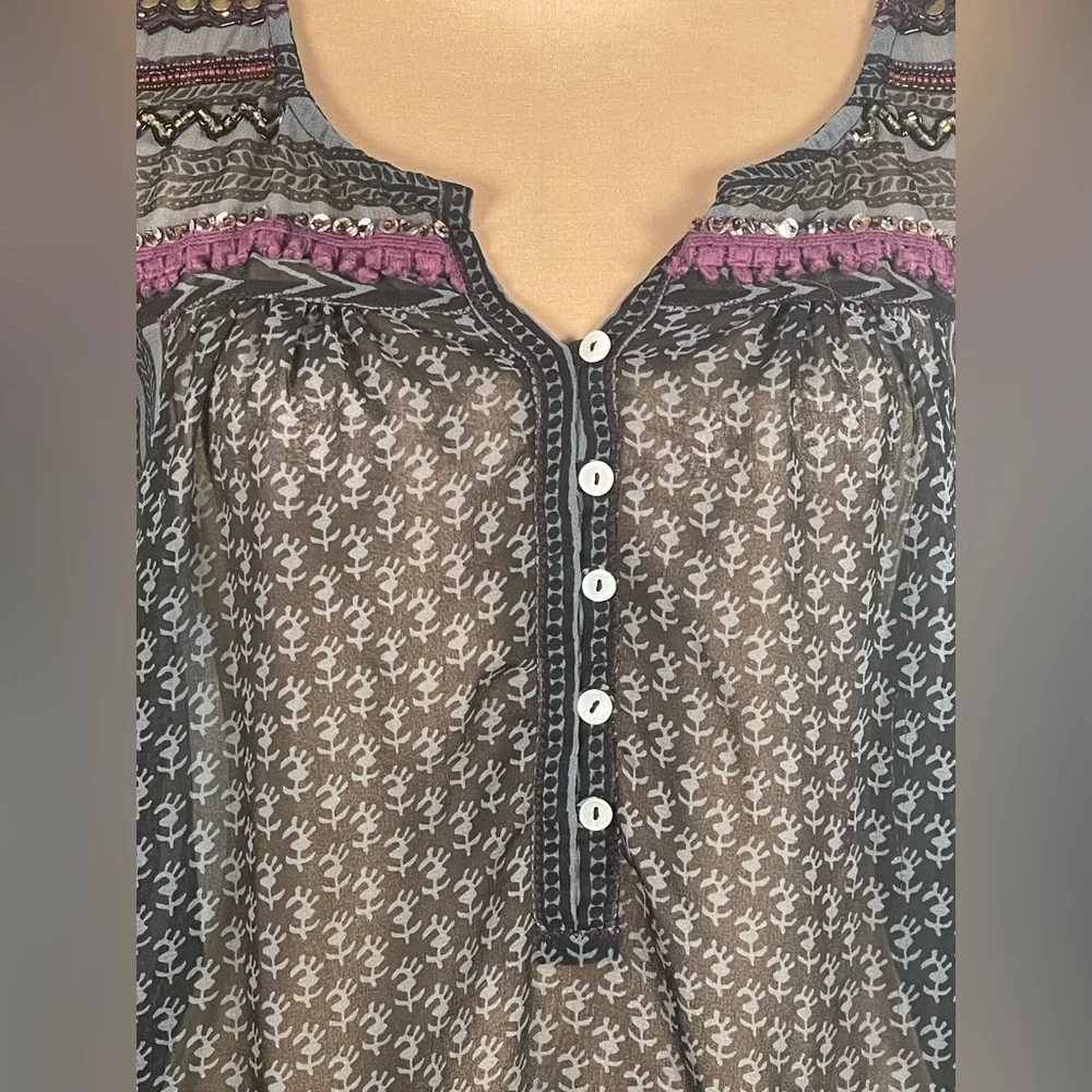 Free People Feather in the Wind‎ Sheer Beaded Boho Tunic Top Blouse XS
